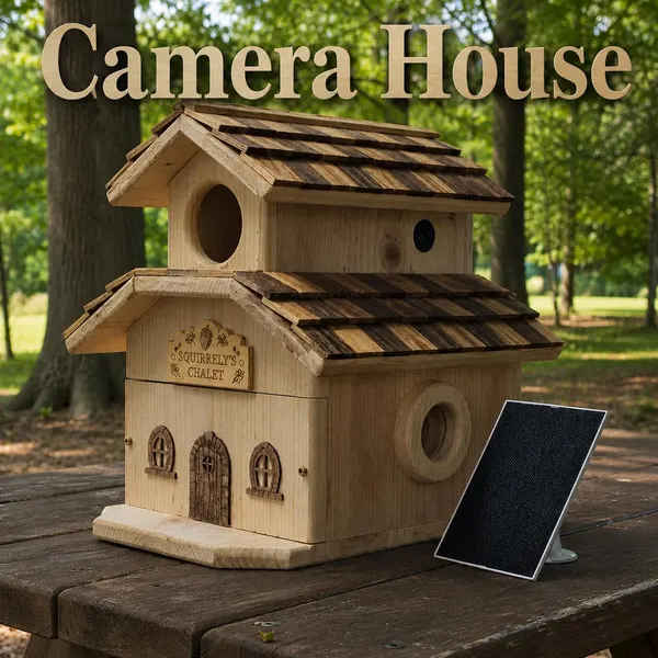 Squirrely's Chalet style wildlife camera house mounted with solar panel