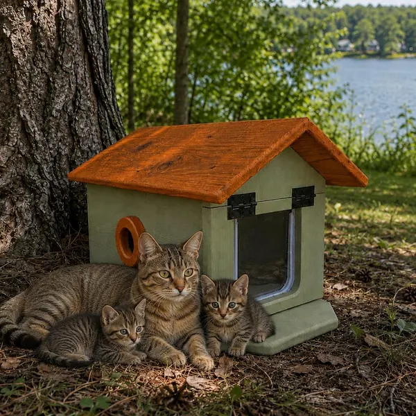 Outdoor cat shelter house with orange roof near a lake, with a cat and kittens resting beside it