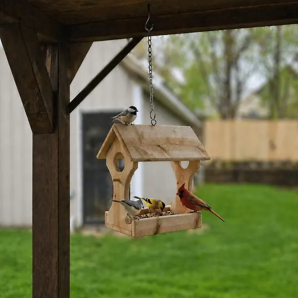 Hanging wooden house-style bird feeder with several birds feeding