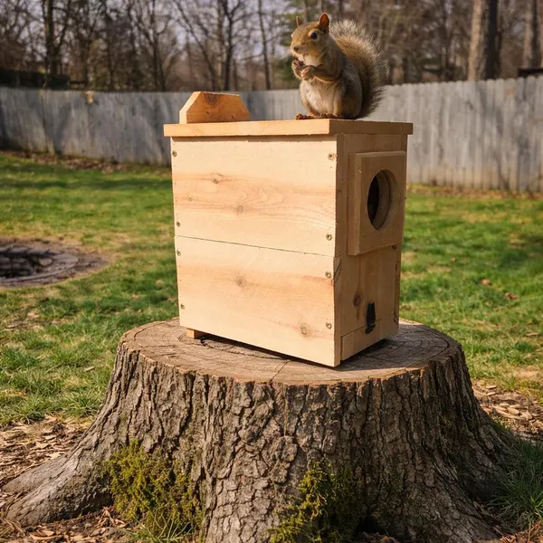 Branded wooden squirrel house on a tree stump with a squirrel on top