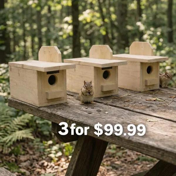 Three small wooden chipmunk houses on a picnic table with chipmunks nearby