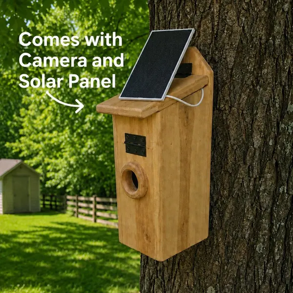 Wildlife camera nest box on a tree with solar panel and camera and solar panel callout text