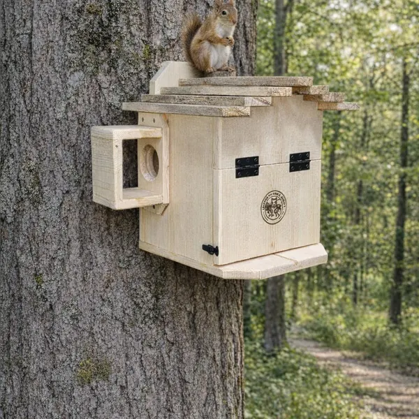 Deluxe branded wooden squirrel house with side entry box mounted on a tree