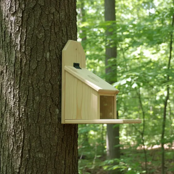 A-frame angled roof wooden squirrel house mounted on a tree