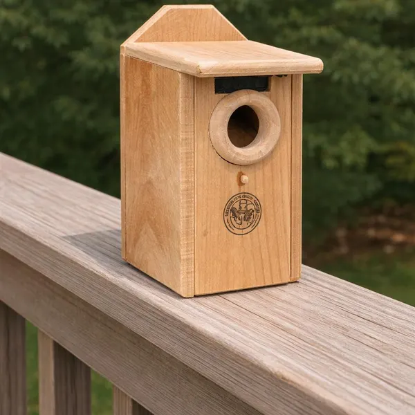 Branded wooden squirrel house mounted on a deck railing post