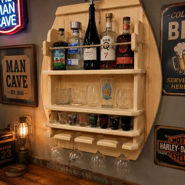 Rustic wooden bar shelf with rope accent holding bottles and glasses, hanging wine glasses below