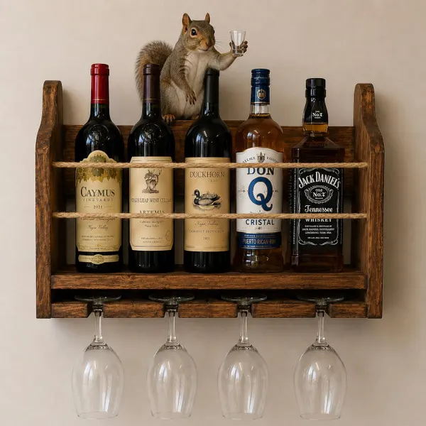 Dark stained wooden wine rack holding wine bottles with hanging wine glasses below