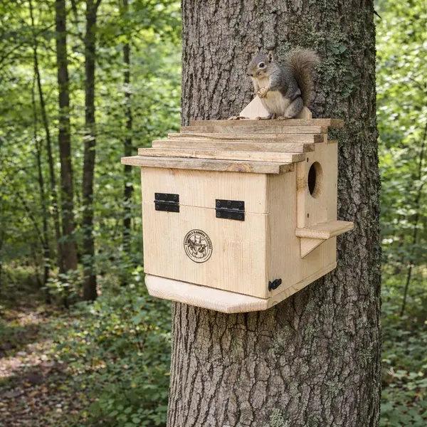 Branded wooden squirrel house mounted on a tree with a squirrel sitting on top