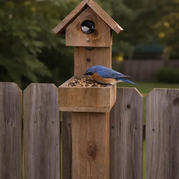 Wooden bird feeder house mounted on a fence post with a bluebird feeding