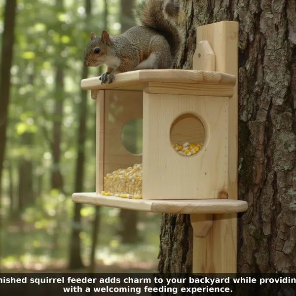 Wooden squirrel feeder box with corn and a squirrel feeding on top platform