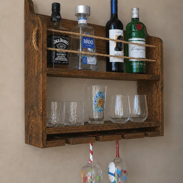 Dark stained wooden bar shelf with rope accent holding bottles and glasses