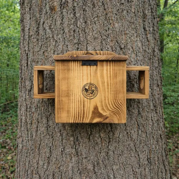 Branded wooden squirrel house with two side perches mounted on a tree