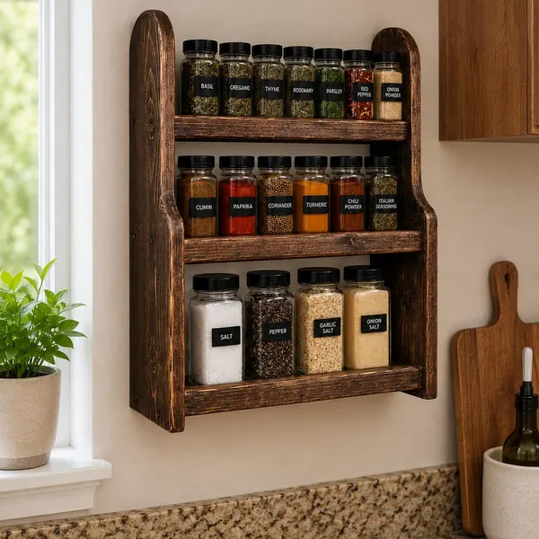 Three tier dark-stained wall mounted wooden spice rack filled with spice jars