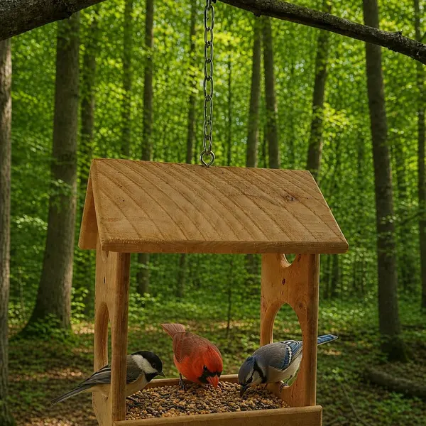 Hanging wooden bird feeder house with a chickadee, cardinal, and blue jay feeding