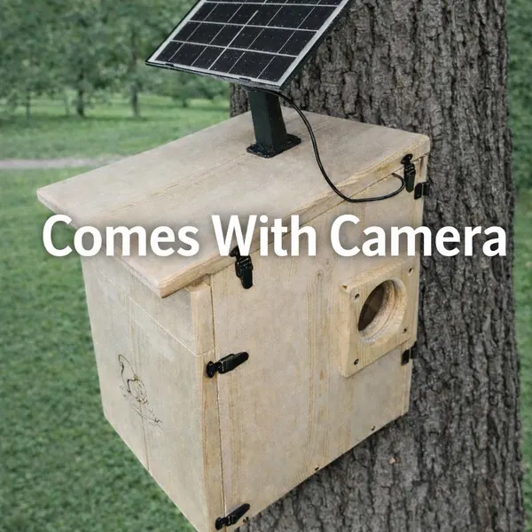 Wildlife camera nest box with attached solar panel mounted on a tree