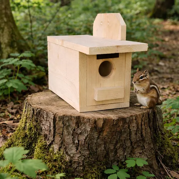 Small wooden chipmunk house sitting on a tree stump