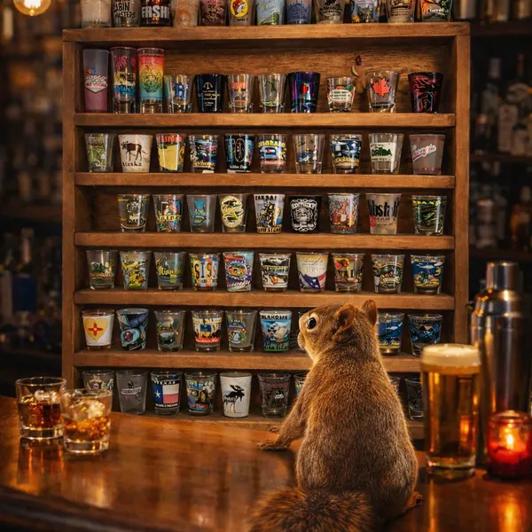 Wall mounted wood shot glass display shelf behind a bar