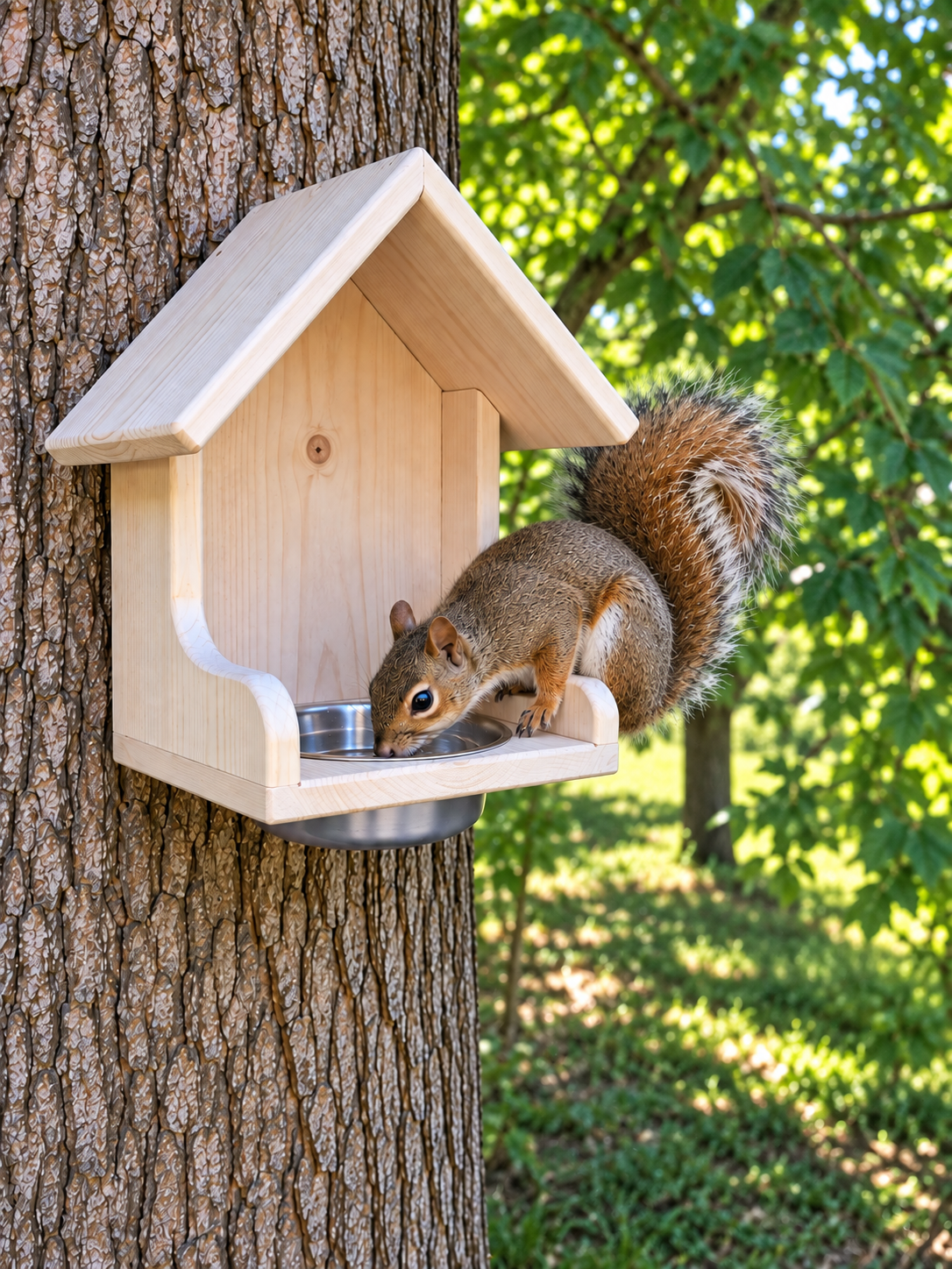Squirrel Watering Station – Wooden Outdoor Wildlife Waterer with Stainless Steel Bowl – Backyard Squirrel Feeder & Water Dish
